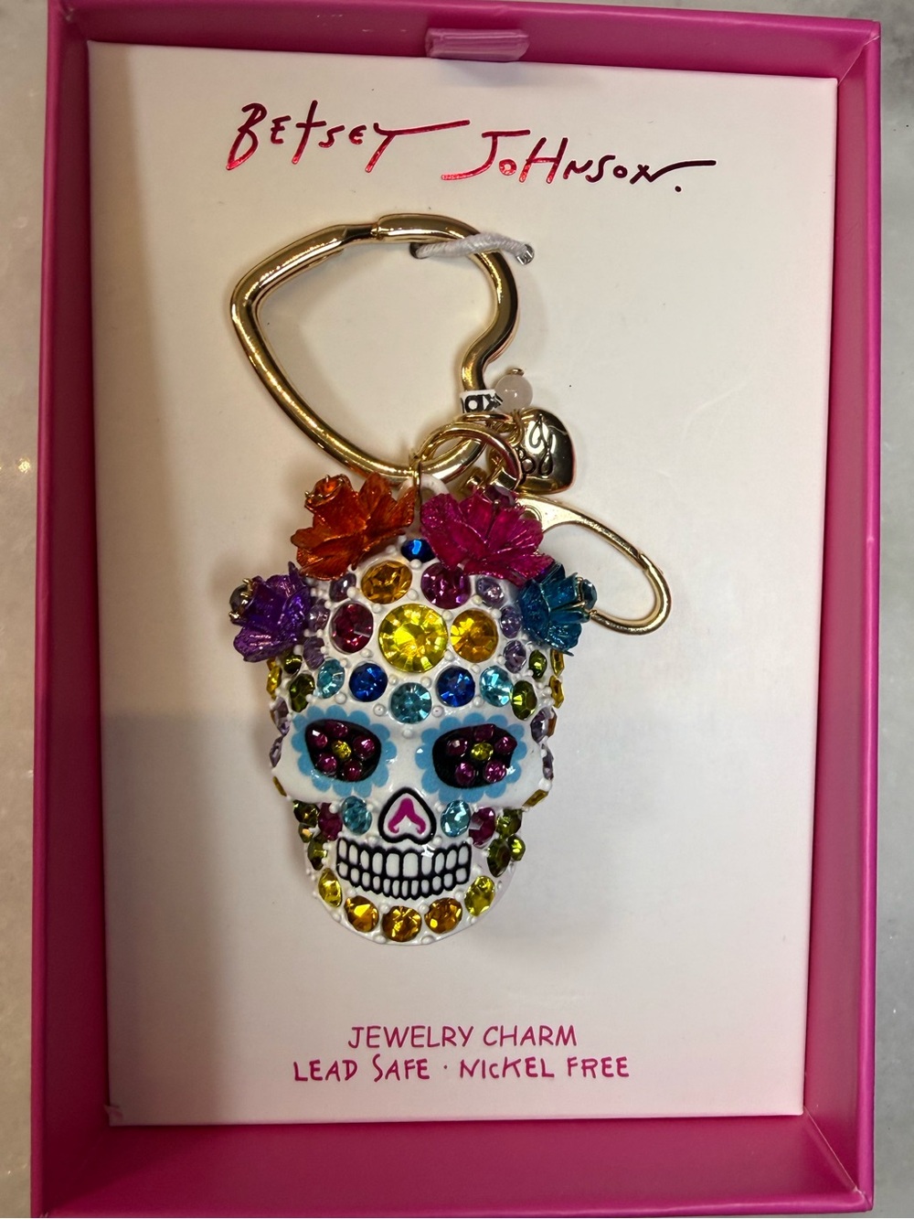 Betsey Johnson Sugar Skull Jeweled Charm Keychain Halloween Day of the Dead NWT